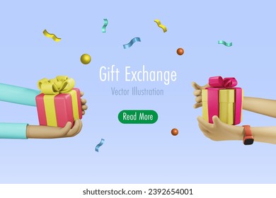 Gifts exchange. Hands exchanging gifts for Christmas, New Year holiday and season greeting, 3D cartoon character.