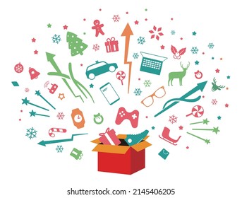 The gifts exploding from the box, Christmas gift box