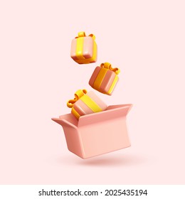 Gifts falling in open box. Realistic 3d cartoon design of gifts surprise. Decor for birthday, wedding backdrops, holidays present. Vector illustration