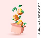 Gifts falling in open pink box, green dollar paper money. Realistic 3d cartoon design of gifts surprise. Vector illustration