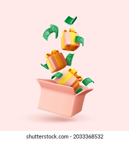 Gifts Falling In Open Pink Box, Green Dollar Paper Money. Realistic 3d Cartoon Design Of Gifts Surprise. Vector Illustration