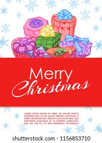 Gifts festive hand drawn vector banner or frame. Illustration of colorful elegant ornate gift boxes with bows and snowflakes on white background. Vertical banner with place for lettering.
