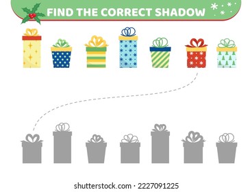 Gifts. Find the correct shadow. Shadow matching game. Christmas presents. Cartoon, vector. Flat, cartoon. Isolated vector illustration eps 10