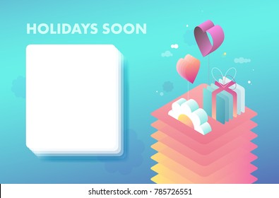 Gifts and flowers gradient postcard for birthday, Women's or St Valentine's Day. 