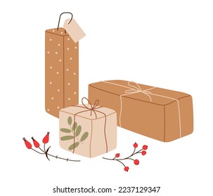 Gifts. Gift box in craft paper with natural decor in trendy rustic style. Hand made eco friendly packaging gift set. Sketch Vector illustration isolated on white. Preparing for celebration holiday