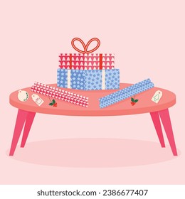 Gifts and gift wrapping on the table. Happy new year decoration. Merry christmas holiday. New year and christmas celebration. Vector illustration flat style
