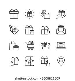 Gifts and Giving, linear style icon set. Wrapped presents, tags, delivery, shopping. Celebrations, surprises, holiday gifts, loyalty reward, and online gifting. Editable stroke width