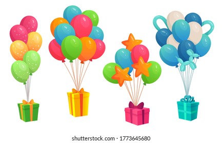 Gifts hanging on colorful balloons bunch. Boxes of different color and shape with ribbon bow for birthday present or celebration. Happy event decor for children vector illustration