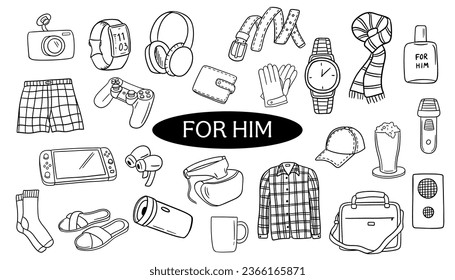 Gifts for him, for man. Outline doodle clothes and devices isolated on white. Set of hand drawn illustrations