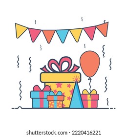 Gifts for holiday with balloon,Christmas or birthday. Vector illustration,ifts Box With Birthday Cake Party Vector Icon Illustration. Happy New Year, Birthday Icon Concept White Isolated. Flat Cartoon