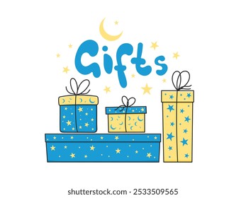 Gifts for the holiday. Various boxes with stars and moon. Flat vector illustration.	