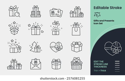 Gifts Icon collection containing 16 editable stroke icons. Perfect for logos, stats and infographics. Edit the thickness of the line in any vector capable app.