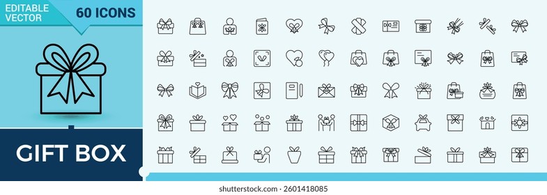 Gifts icon. Contain linear symbols ribbon, surprise, celebration, birthday, celebrate, event, package and more. Minimalist icons collection. Gift Box icon set. Pixel perfect. Editable stroke.
