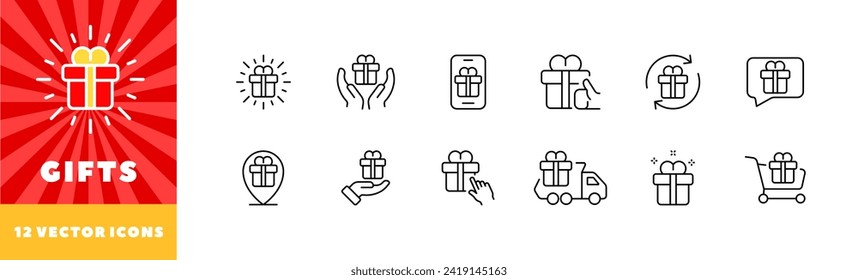 Gifts icon set. Linear style. Vector icons