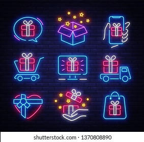 Gifts icon set neon. Design template, design elements. Bonus cuisine objects. Light banner, collection neon signs for Holidays. Vector illustration