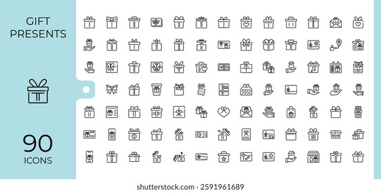 Gifts icon set. Pack of christmas, holiday, buy, offer, event, app, price, celebrate. Line with editable stroke. Minimalistic icons.