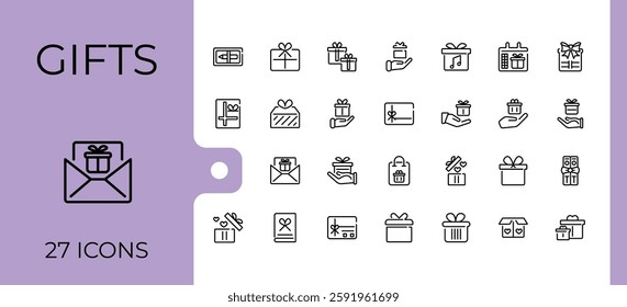 Gifts icon set. Pack of christmas, holiday, buy, offer, event, app, price, celebrate. Line with editable stroke. Minimalistic icons.