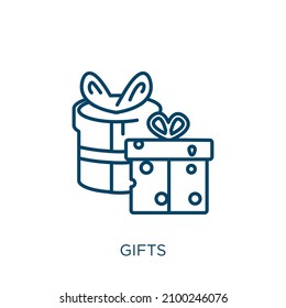 icono de regalos. Icono de contorno de regalos lineales delgados aislado en fondo blanco. Señal de regalo vectorial de línea, símbolo para web y móvil