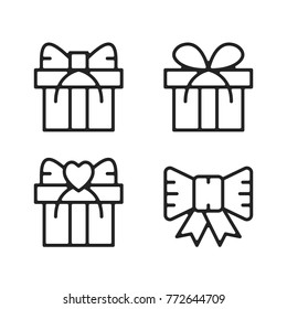 Gifts icons. Gift boxes and ribbon bow thin line icons set isolated on white background