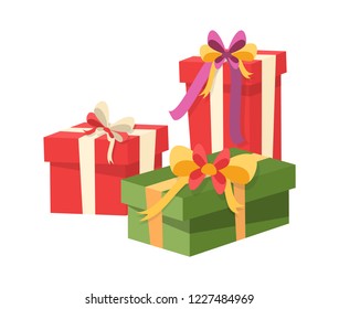 Gifts icons isolated vector. Christmas shopping containers or packs, flat style. Gift boxes decorated by flower shape bow, packages with surprises inside.