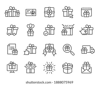 Gifts Icons set. Collection of simple linear web icons such Gift Set, Gift Giving and Delivery, Gifts with Balls, Gift Selection and Search, Unpacking the Gift and others. Editable vector stroke.