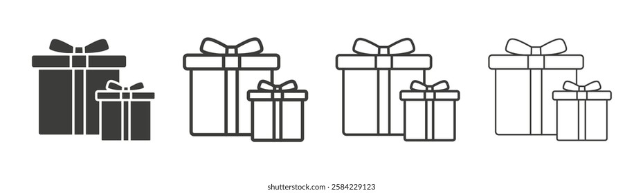 Gifts icons set. Liner outlined and flat black color