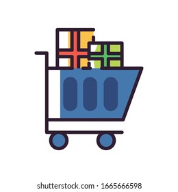 Gifts inside cart fill style icon design, happy birthday celebration decoration party festive and surprise theme Vector illustration