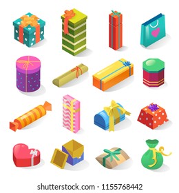 Gifts isometric vector icons set isolated from background. Colorful illustrations of festive various gift package decorated with bows and ribbons. Modern collection in 3d style.