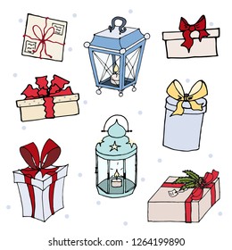 Gifts and lanterns set, vector, isolated illustration on white background