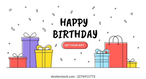 Gifts line banner. Happy birthday, holiday and festival. Boxes and packages with gifts and confetti. Marketing and advertising, sales and promotions, limited offer. Cartoon flat vector illustration