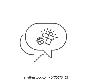 Gifts line icon. Chat bubble design. Present box sign. Brand marketing symbol. Outline concept. Thin line gift icon. Vector