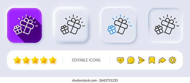 Gifts line icon. Neumorphic, Flat shadow, 3d buttons. Present box sign. Brand marketing symbol. Line gift icon. Social media icons. Vector