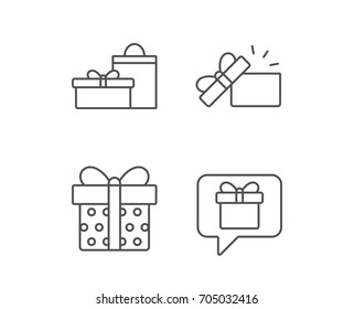 Gifts line icons. Present and Speech bubble signs. Shopping bag symbol. Quality design elements. Editable stroke. Vector