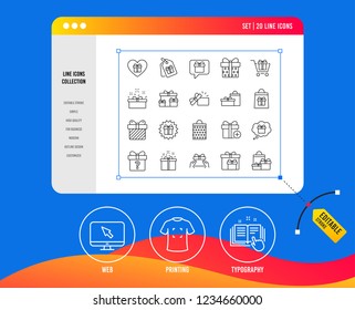 Gifts line icons. Set of Present box, Offer and Sale signs. Shopping cart, Tags and Chat symbols. Speech bubble, Give a gift and Question mark. Printing, web and typography icons. Editable stroke