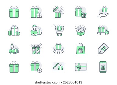 Gifts line icons. Vector illustration include icon - box, present card, package, price tag, service, shop, coupon, surprise outline pictogram for christmas. Green color, Editable Stroke.