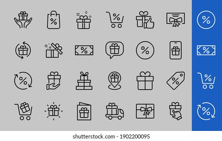 Gifts Linear Icons Set contains Gift Box, Gift Buying, Delivery, Gift Geolocation mobile application, Gift notification, SMS. Editable Barcode, Vectar Icons