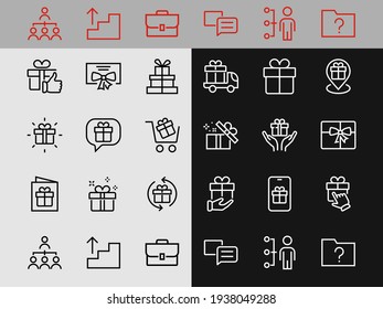 Gifts Linear Icons Set contains Gift Box, Gift Buying, Delivery, Gift Geolocation mobile application, Gift notification, SMS. Editable Barcode, Vectar Icons
