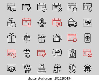 Gifts Linear Icons Set contains Gift Box, Gift Buying, Gift Delivery, Geolocation mobile application, Gift notification, SMS. Editable Barcode, Vectar Icons