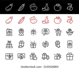 Gifts Linear Icons Set contains Gift Box, Gift Buying, Gift Delivery, Geolocation mobile application, Gift notification, SMS. Editable Barcode, Vectar Icons