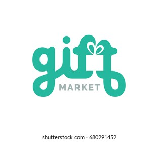 Gifts logo with box symbol. Creative logo design. Vector lettering sign.