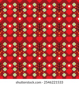 Gifts made from cute fabric with heart and geometric patterns. Seamless pattern for Valentine's Day, love, gift wrap. Vector fabric pattern illustrator embroidery background backdrop decorative