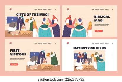 Gifts Of Magi Biblical Scene Landing Page Set. Three Wise Men Follow Star To Meet Jesus In Bethlehem, Bring Gold, Frankincense, And Myrrh To Honor Jesus. Cartoon People Vector Illustration
