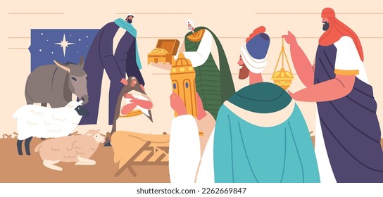 Gifts Of Magi Biblical Scene with Three Wise Men Who Followed Star To Find Jesus In Bethlehem. They Brought Three Gifts To Honor Jesus Gold, Frankincense, And Myrrh. Cartoon Vector Illustration