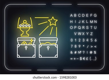 Gifts of the magi neon light icon. Baby Jesus gifts from three magic kings. Christmas holiday. Happy Epiphany day. Glowing sign with alphabet, numbers and symbols. Vector isolated illustration