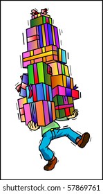 gifts, man with a mountain of gift parcels