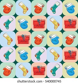 Gifts. Mittens, socks, boxes. Template. Vector image. Compositions for fabric design, napkins for Christmas and the New year, a holiday website background, gift wrapping.