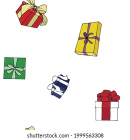Regalos en cajas multicolores con arcos. Patrón sin brillo en un fondo blanco. Ilustración de material vectorial.