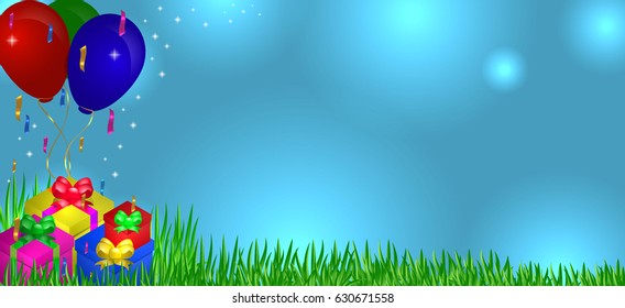 Gifts on grass with balloons in the sky