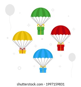 Gifts on a parachutes in the sky. Concept of delivery service, fast shipping. Vector illustration 