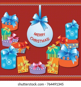 Gifts on a red knitted background. MERRY CHRISTMAS! Bright gift background. Design of banners, posters, greeting cards, invitations.